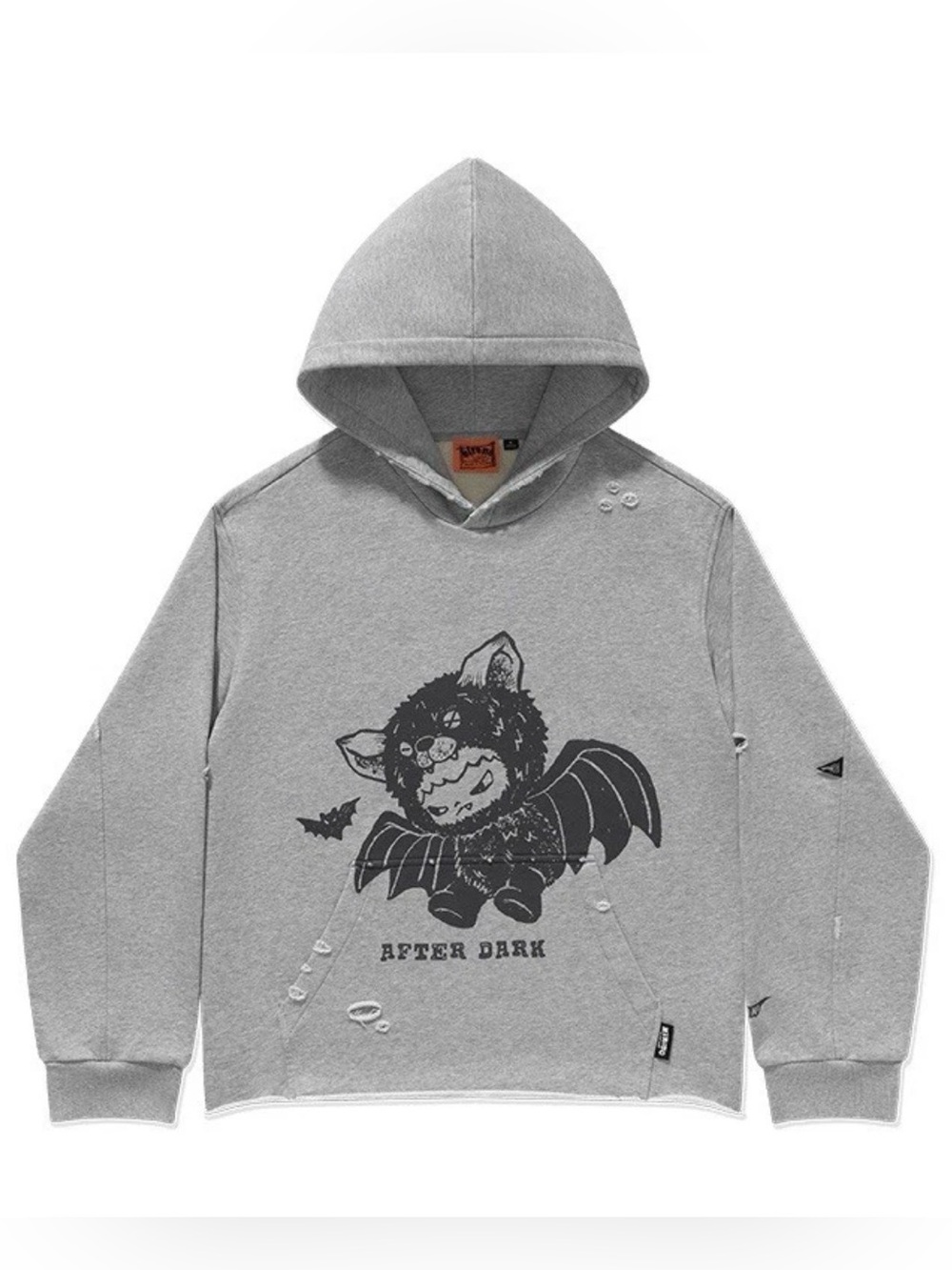 Pop Mart Hirono After Dark Series Bat Distressed Hoodie - Gray, Large
